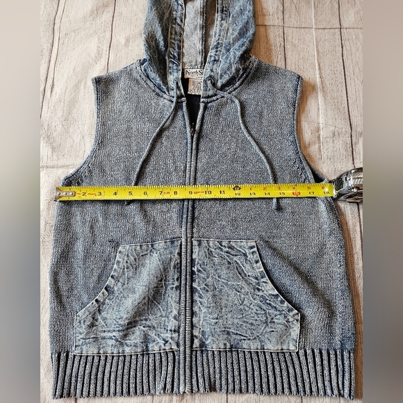 North Style Size MED• Vintage Full Zip Hooded Knit Denim Mixed Media Vest Unique - Picture 11 of 11